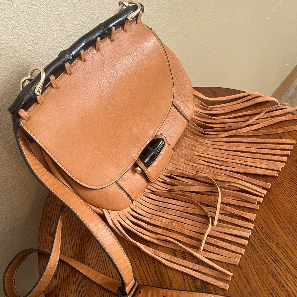 Fringe Leather Purse Amber Brown 12” x 9” Cross Body Purse Feature Bamboo Accent